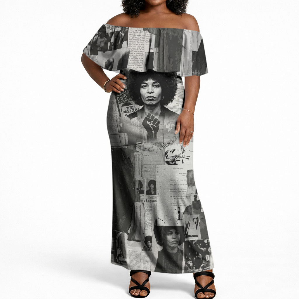 Angela Davis Black History Rights Activism Off Shoulder Maxi Dress Vintage Newspaper Collage Retro Protest Art