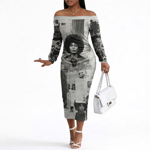 Angela Davis Black History Rights Activism Off The Shoulder Long Sleeve Dress Vintage Newspaper Collage Retro Protest Art