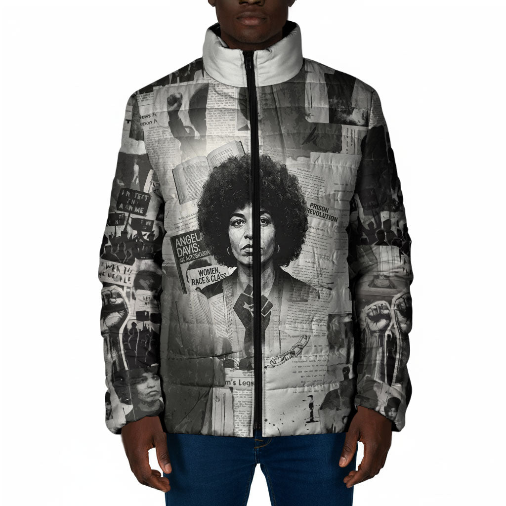 Angela Davis Black History Rights Activism Padded Jacket Vintage Newspaper Collage Retro Protest Art