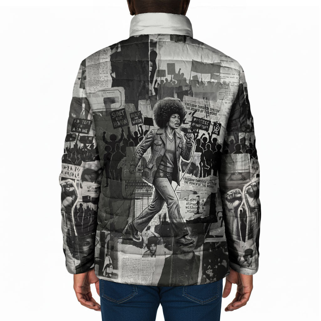 Angela Davis Black History Rights Activism Padded Jacket Vintage Newspaper Collage Retro Protest Art
