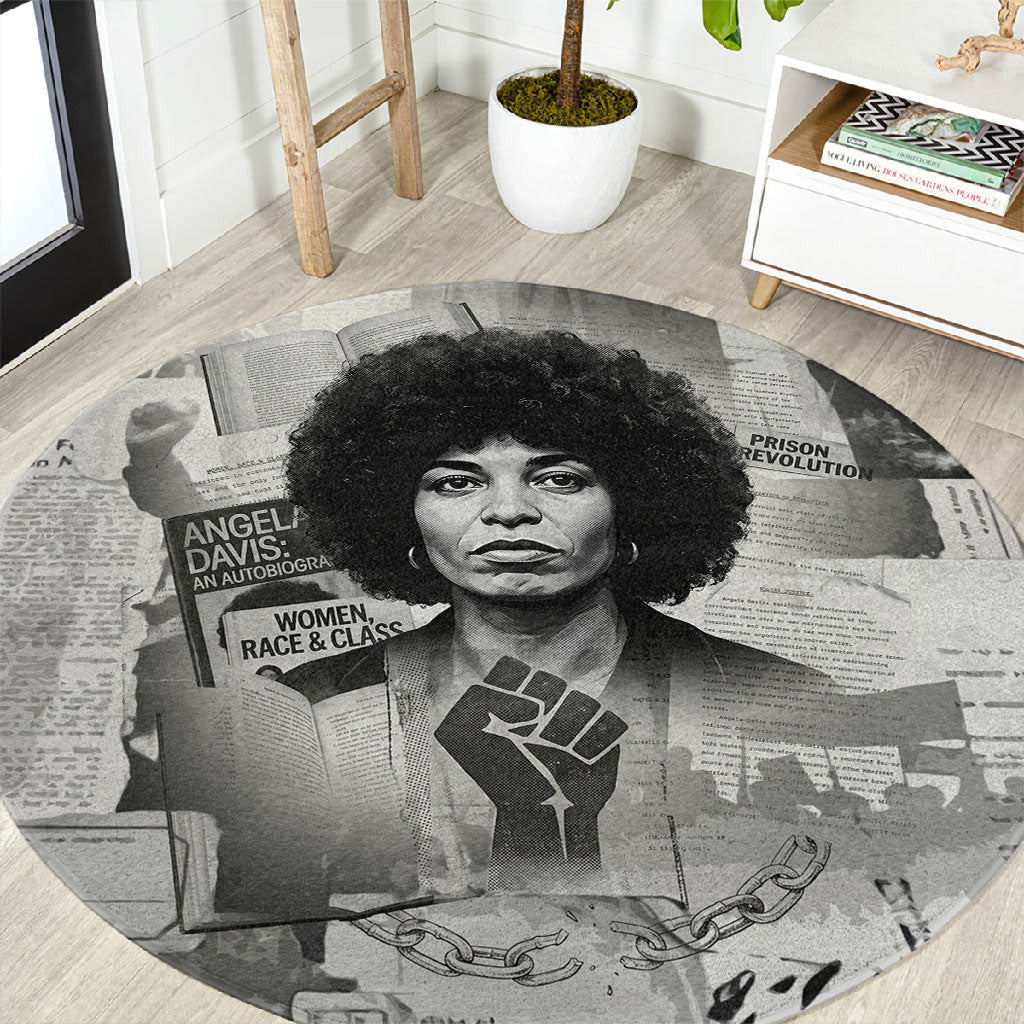 Angela Davis Black History Rights Activism Round Carpet Vintage Newspaper Collage Retro Protest Art