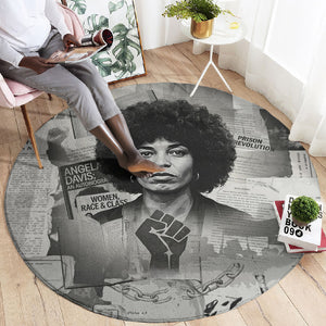 Angela Davis Black History Rights Activism Round Carpet Vintage Newspaper Collage Retro Protest Art
