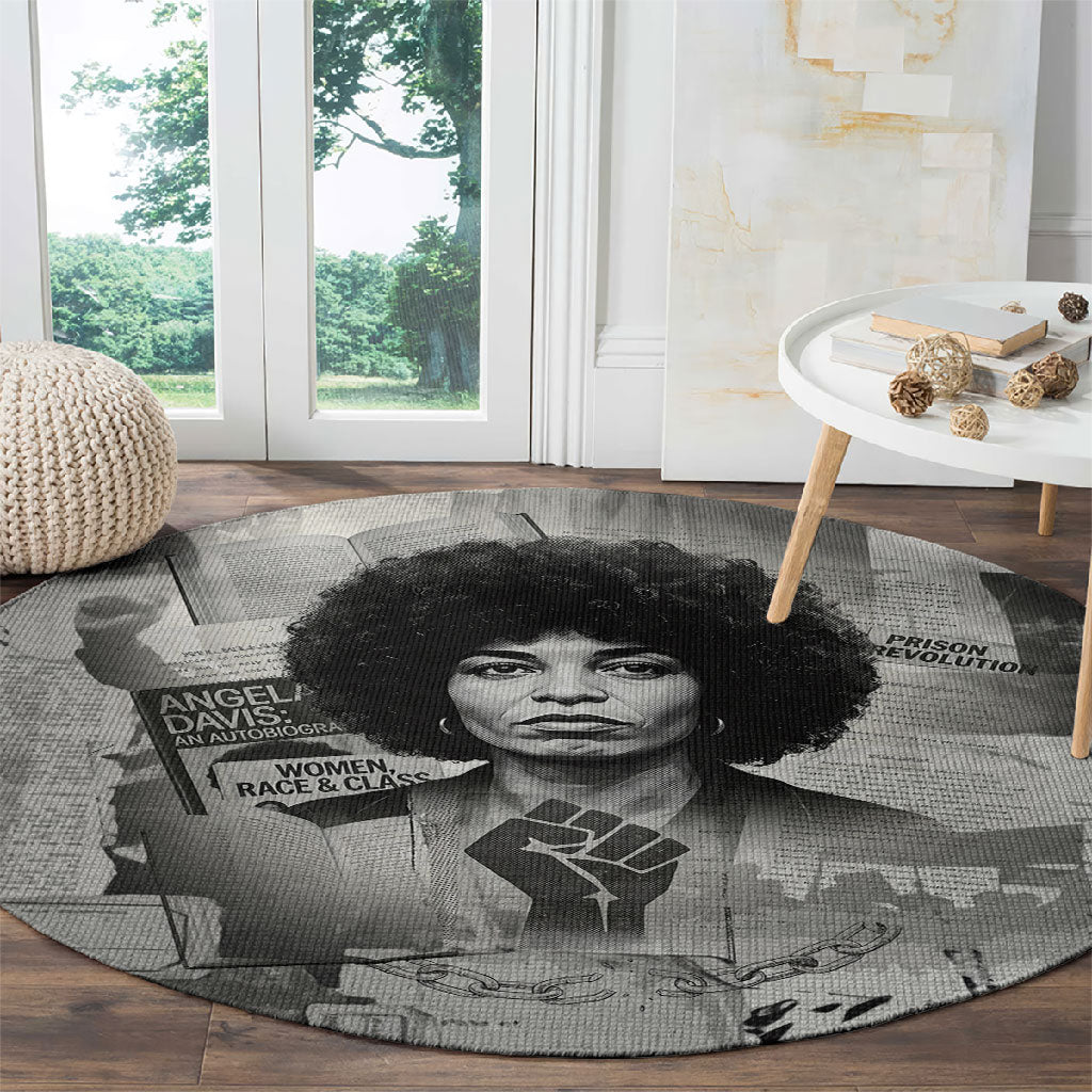 Angela Davis Black History Rights Activism Round Carpet Vintage Newspaper Collage Retro Protest Art