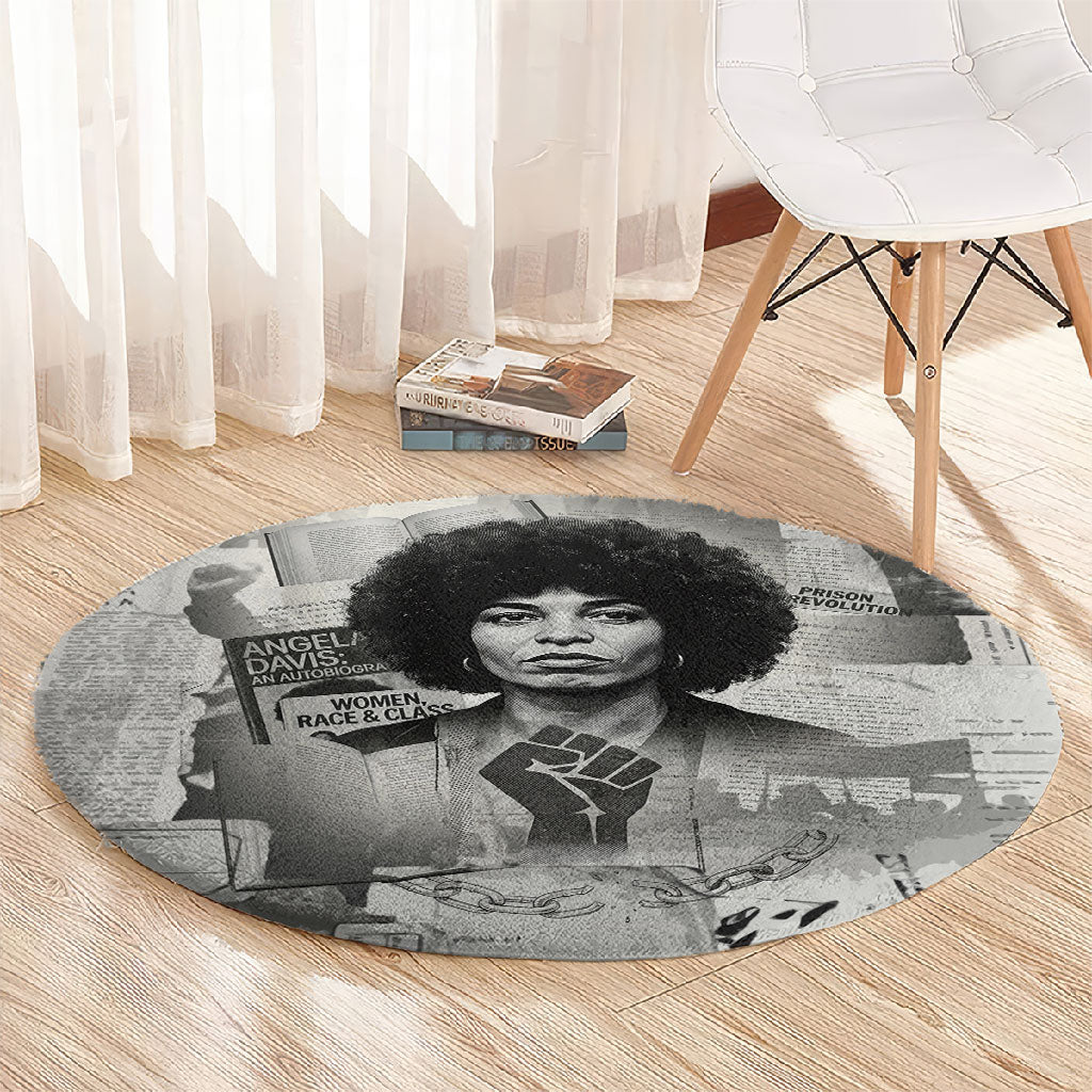 Angela Davis Black History Rights Activism Round Carpet Vintage Newspaper Collage Retro Protest Art