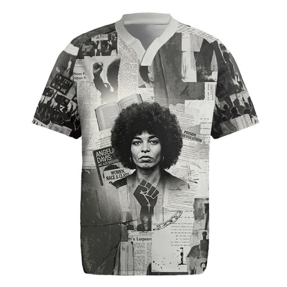Angela Davis Black History Rights Activism Rugby Jersey Vintage Newspaper Collage Retro Protest Art