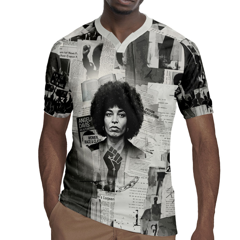 Angela Davis Black History Rights Activism Rugby Jersey Vintage Newspaper Collage Retro Protest Art