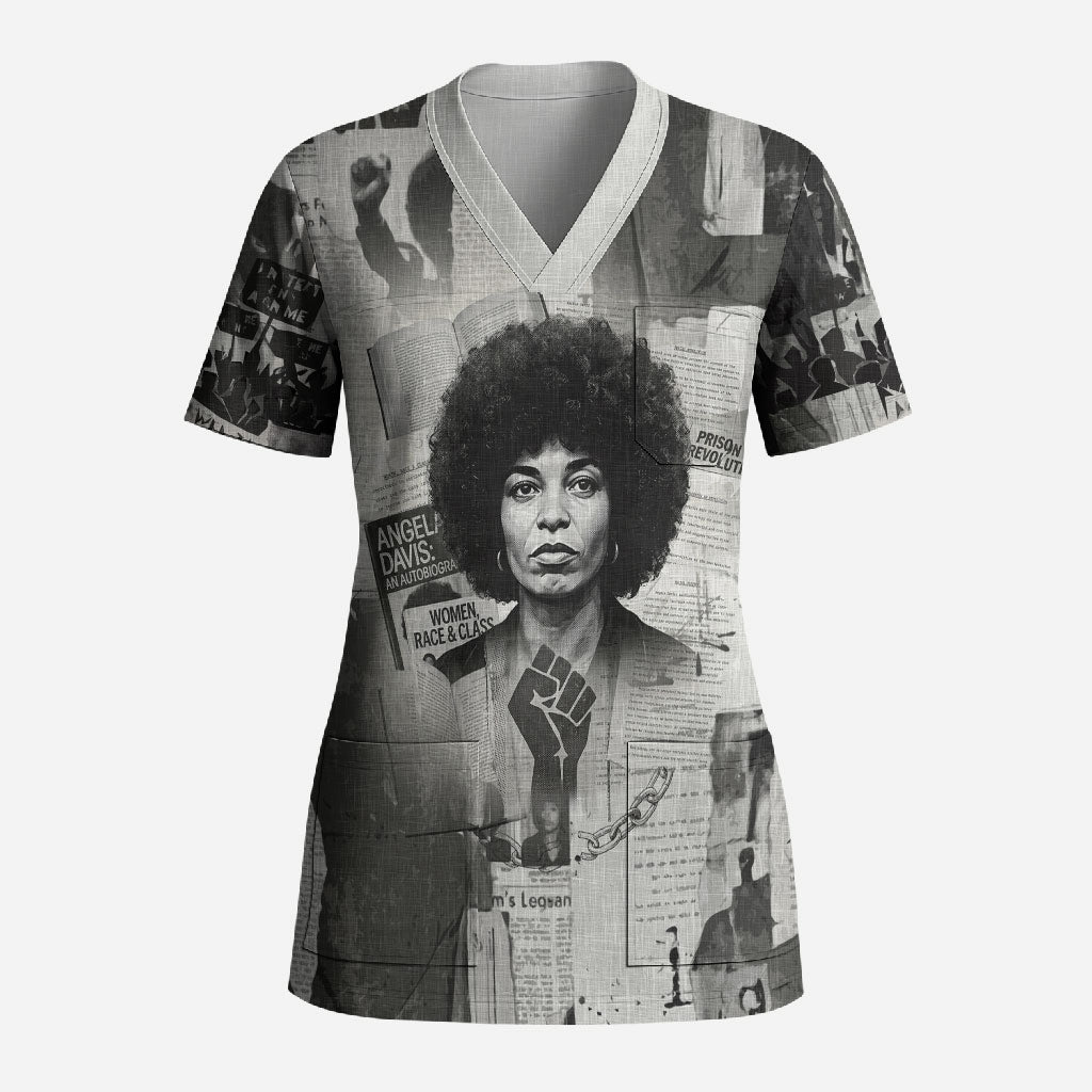 Angela Davis Black History Rights Activism Scrub Top Vintage Newspaper Collage Retro Protest Art