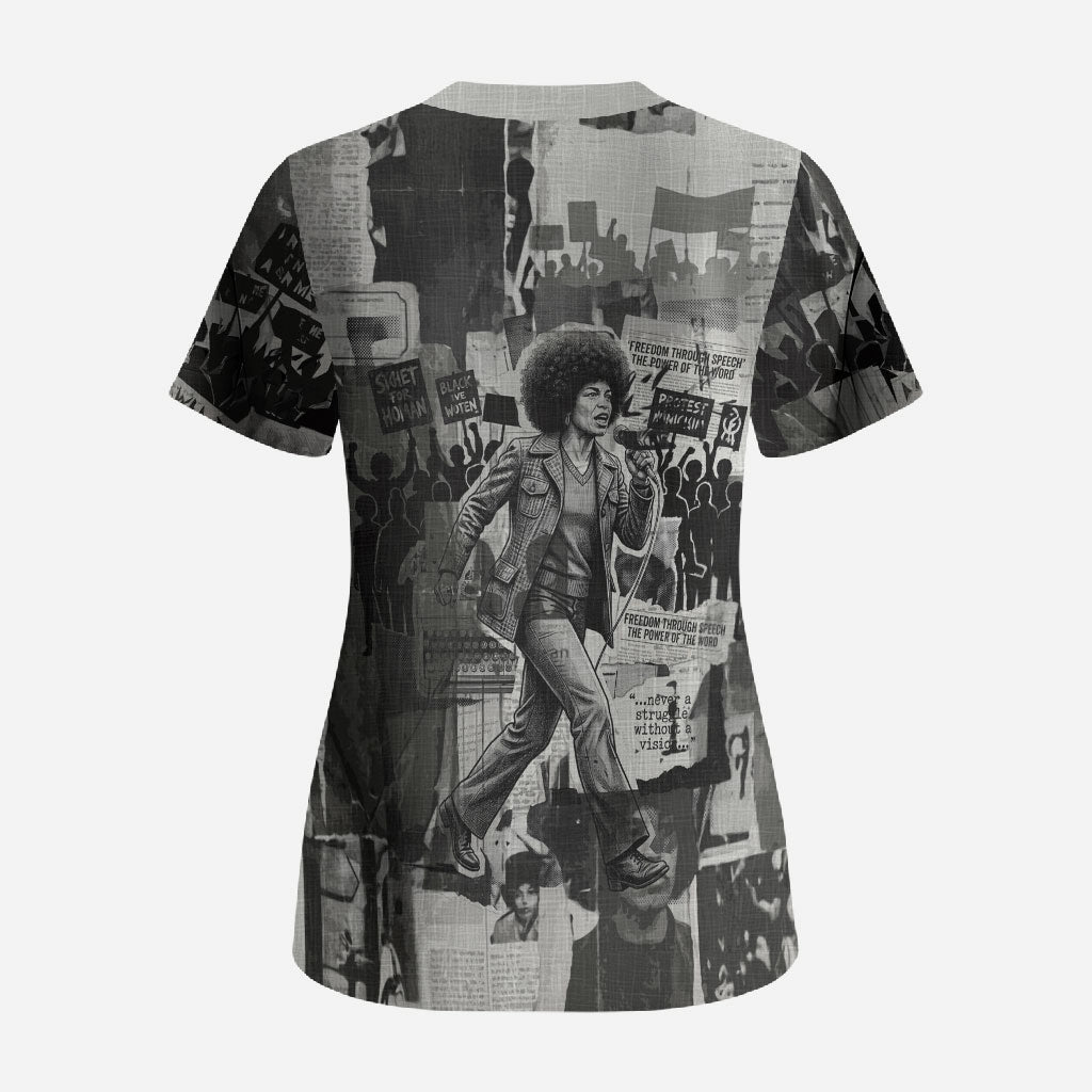 Angela Davis Black History Rights Activism Scrub Top Vintage Newspaper Collage Retro Protest Art