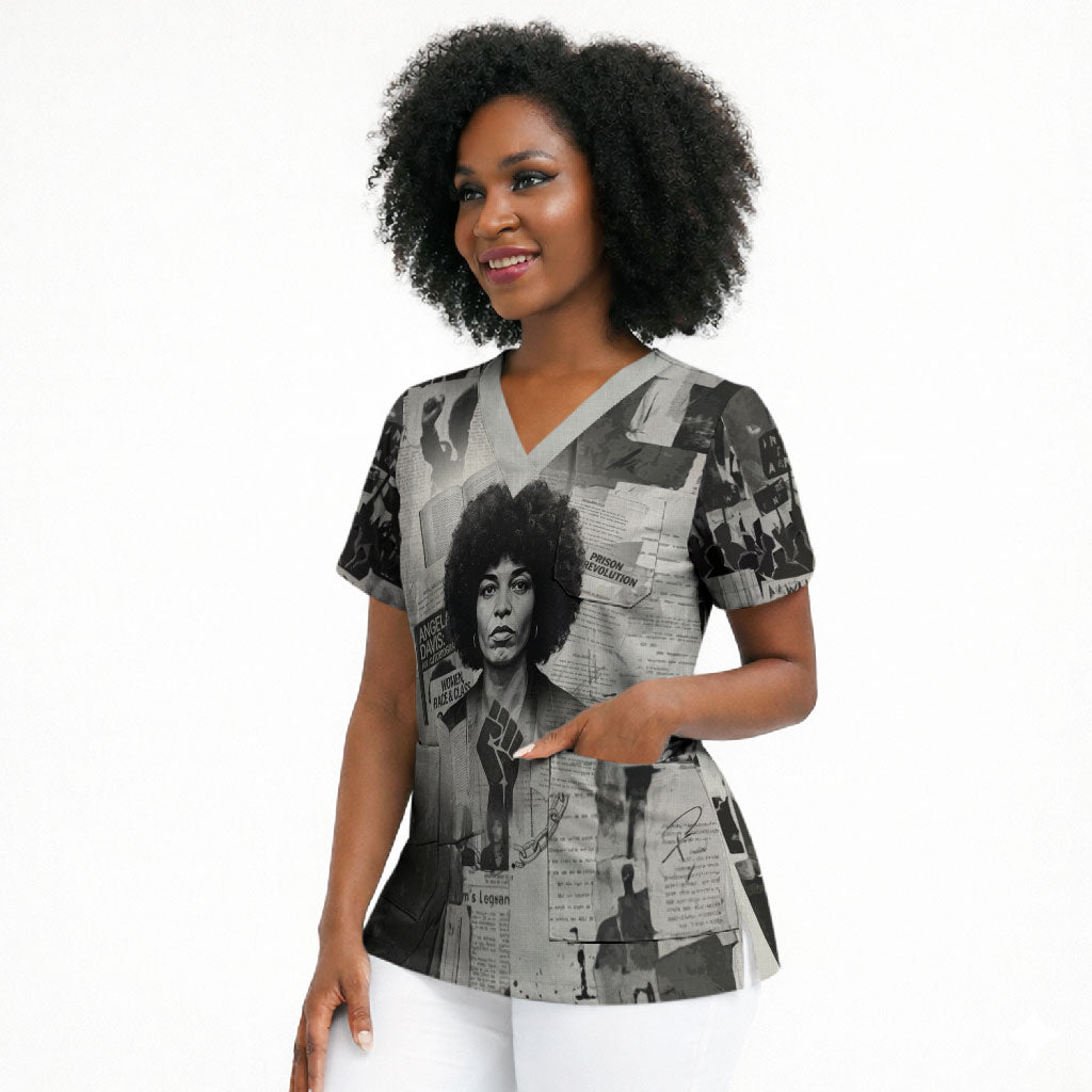 Angela Davis Black History Rights Activism Scrub Top Vintage Newspaper Collage Retro Protest Art