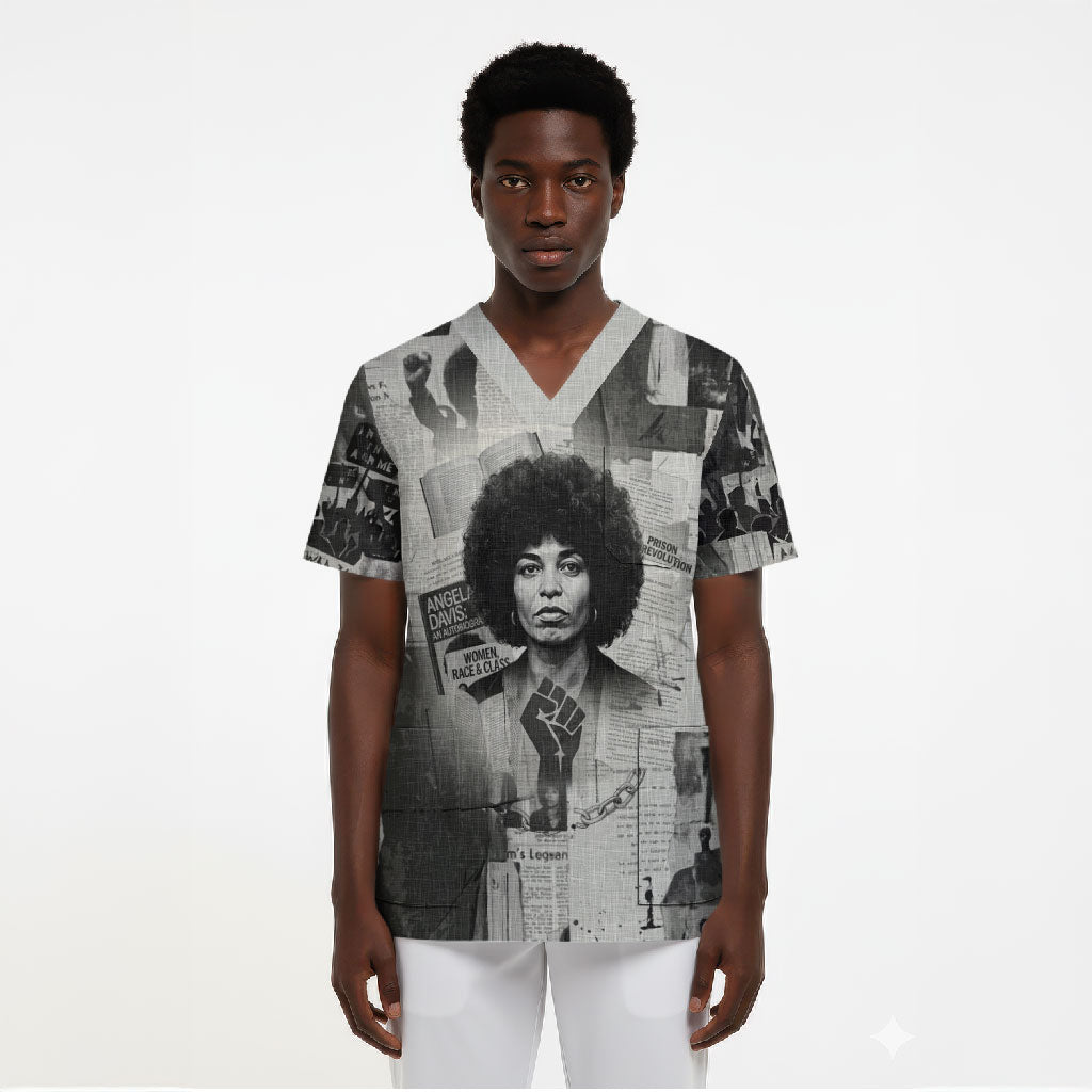 Angela Davis Black History Rights Activism Scrub Top Vintage Newspaper Collage Retro Protest Art