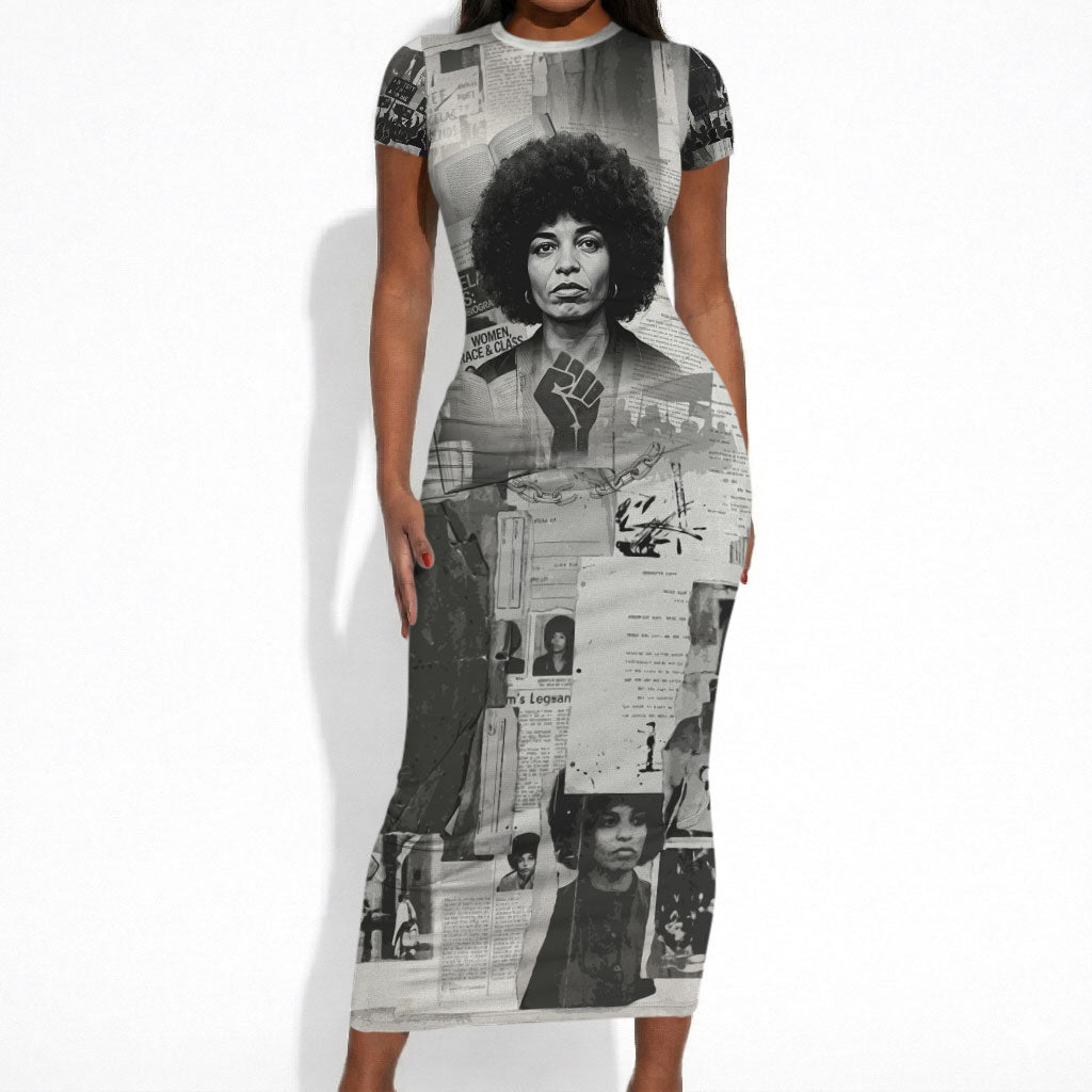 Angela Davis Black History Rights Activism Short Sleeve Bodycon Dress Vintage Newspaper Collage Retro Protest Art