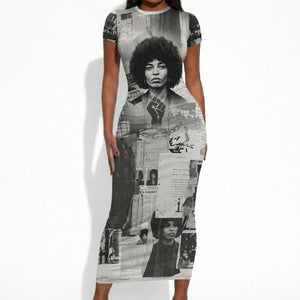 Angela Davis Black History Rights Activism Short Sleeve Bodycon Dress Vintage Newspaper Collage Retro Protest Art