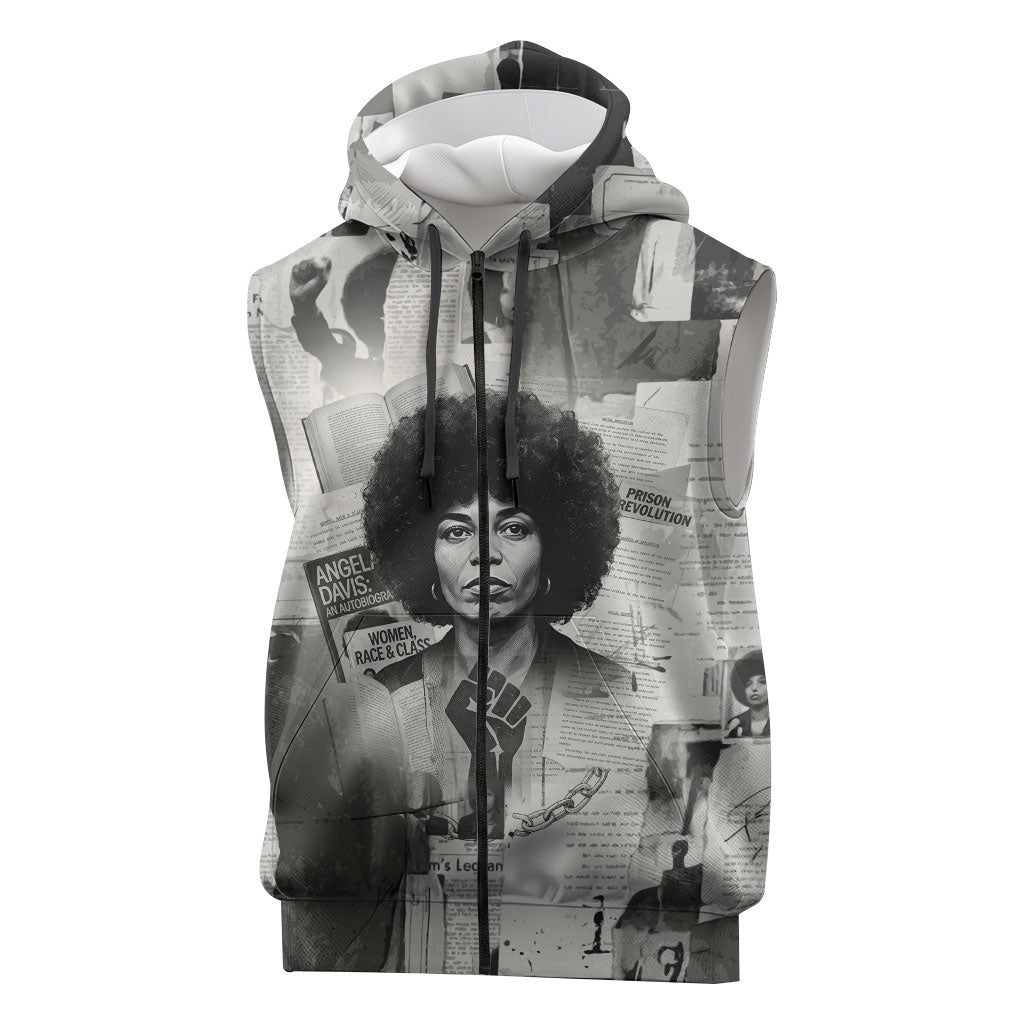 Angela Davis Black History Rights Activism Sleeveless Zip Hoodie Vintage Newspaper Collage Retro Protest Art