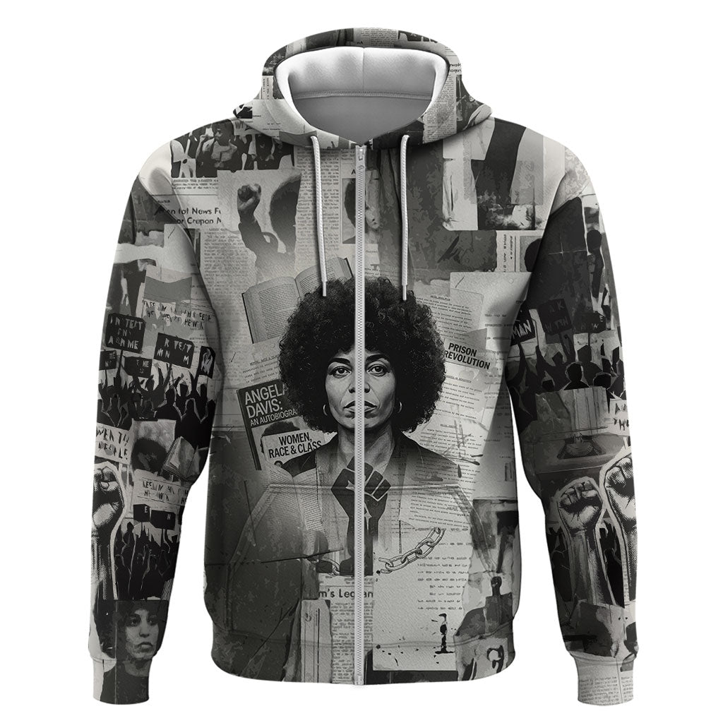 Angela Davis Black History Rights Activism Zip Hoodie Vintage Newspaper Collage Retro Protest Art