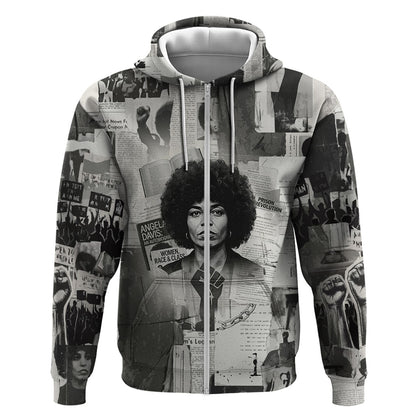 Angela Davis Black History Rights Activism Zip Hoodie Vintage Newspaper Collage Retro Protest Art
