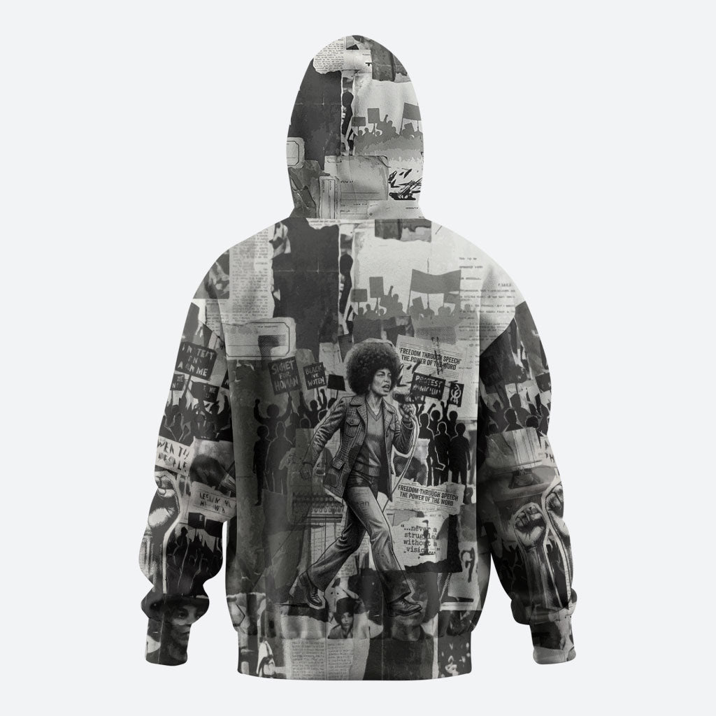 Angela Davis Black History Rights Activism Zip Hoodie Vintage Newspaper Collage Retro Protest Art