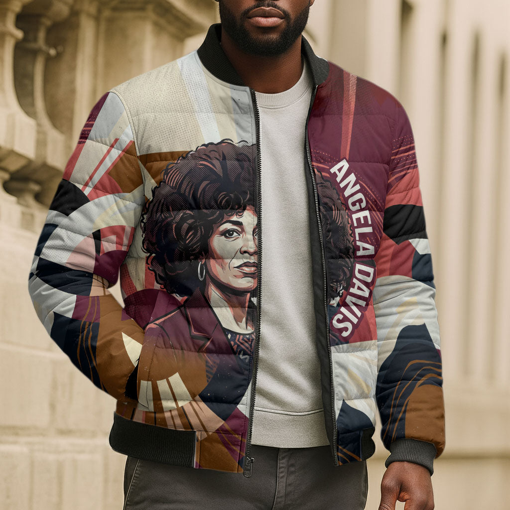 Angela Davis Black History Rights Activism Bomber Puffer Jacket Abstract Geometric Pop Art Retro Civil Rights
