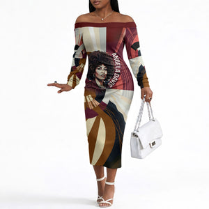 Angela Davis Black History Rights Activism Off The Shoulder Long Sleeve Dress Abstract Geometric Pop Art Retro Civil Rights