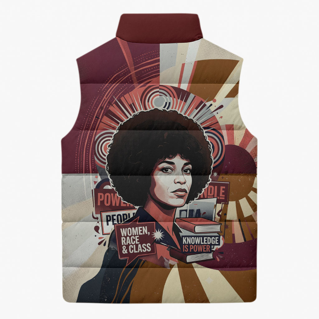 Angela Davis Black History Rights Activism Sleeveless Puffer Jacket Abstract Geometric Pop Art Retro Civil Rights