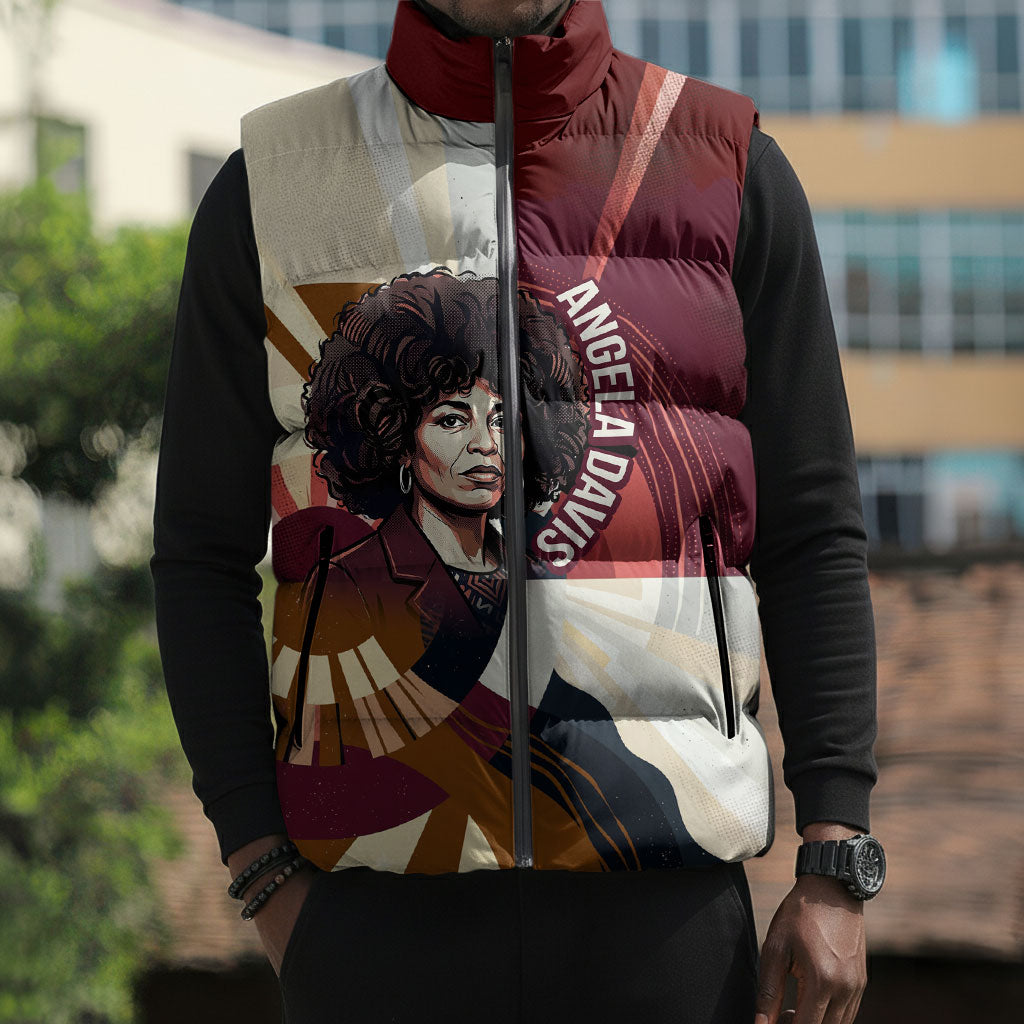 Angela Davis Black History Rights Activism Sleeveless Puffer Jacket Abstract Geometric Pop Art Retro Civil Rights