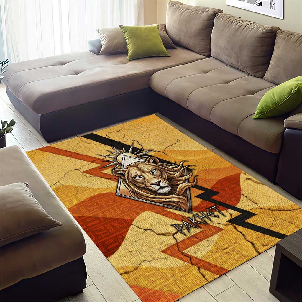 Pakhet Lion Head Area Rug with Claw Marks in Fiery Ancient Egyptian Motif