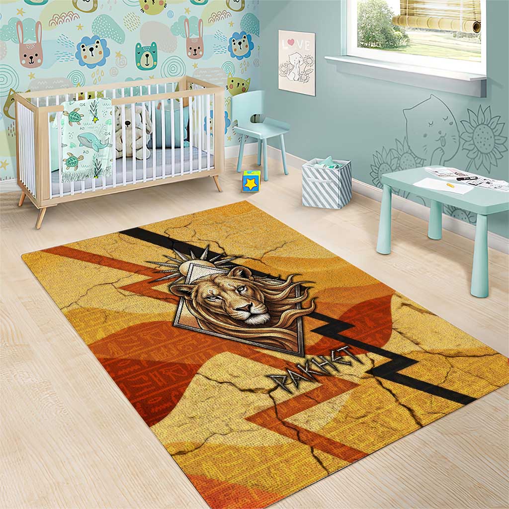 Pakhet Lion Head Area Rug with Claw Marks in Fiery Ancient Egyptian Motif