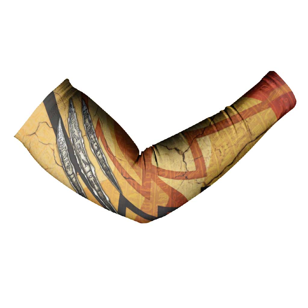 Pakhet Lion Head Arm Sleeves with Claw Marks in Fiery Ancient Egyptian Motif