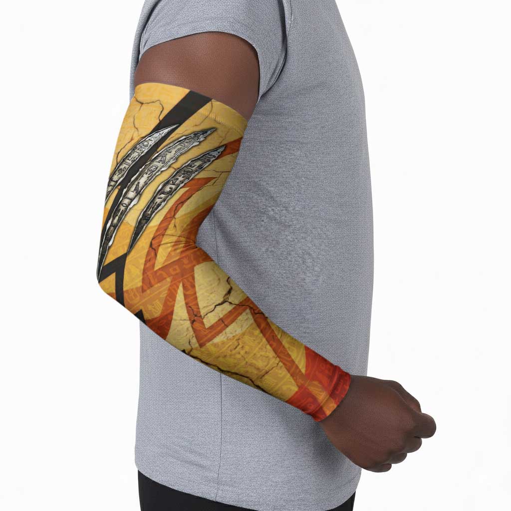 Pakhet Lion Head Arm Sleeves with Claw Marks in Fiery Ancient Egyptian Motif
