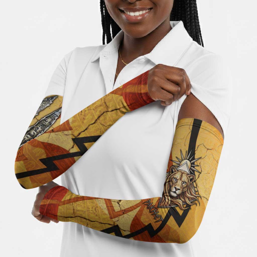 Pakhet Lion Head Arm Sleeves with Claw Marks in Fiery Ancient Egyptian Motif