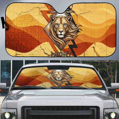 Pakhet Lion Head Auto Sun Shade with Claw Marks in Fiery Ancient Egyptian Motif