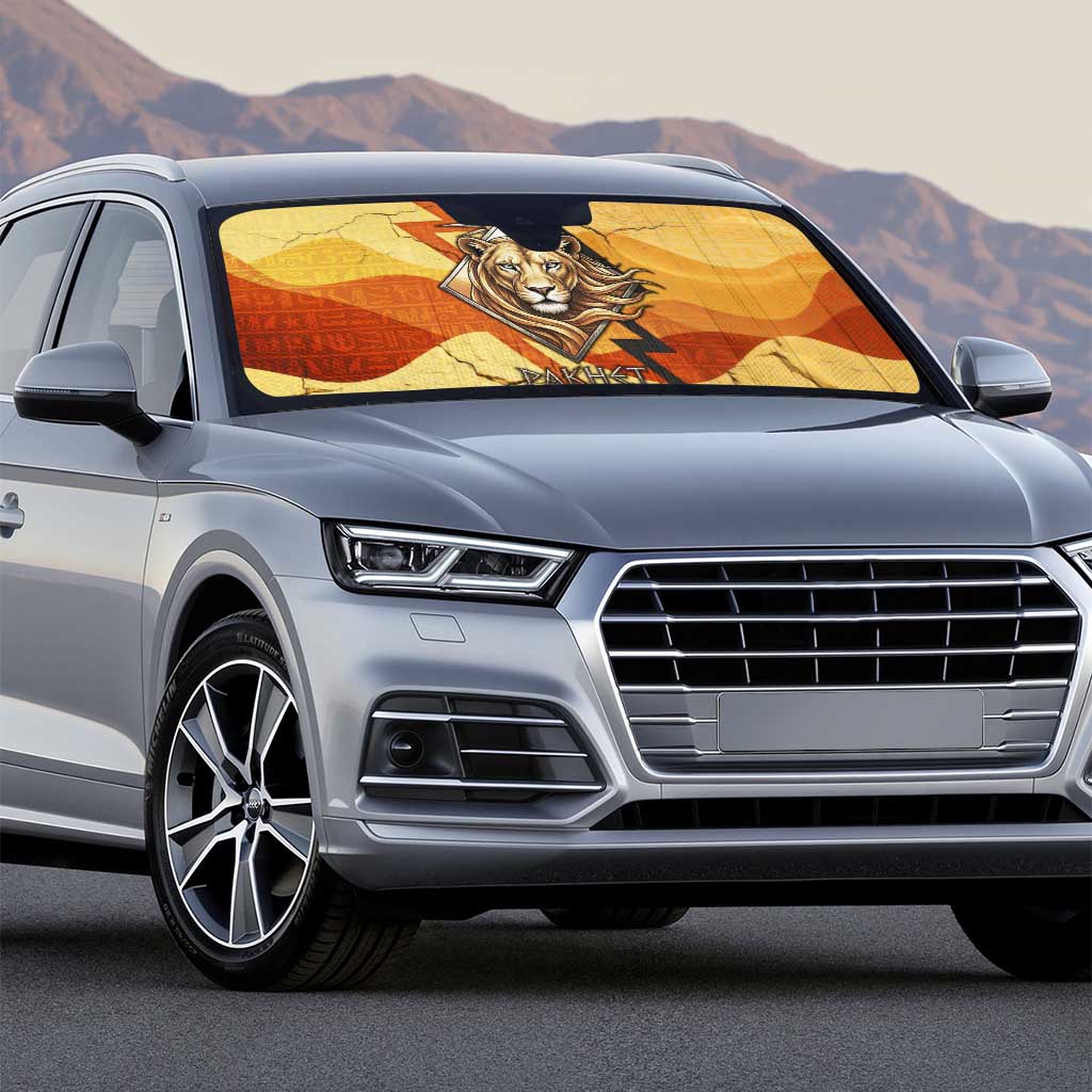 Pakhet Lion Head Auto Sun Shade with Claw Marks in Fiery Ancient Egyptian Motif