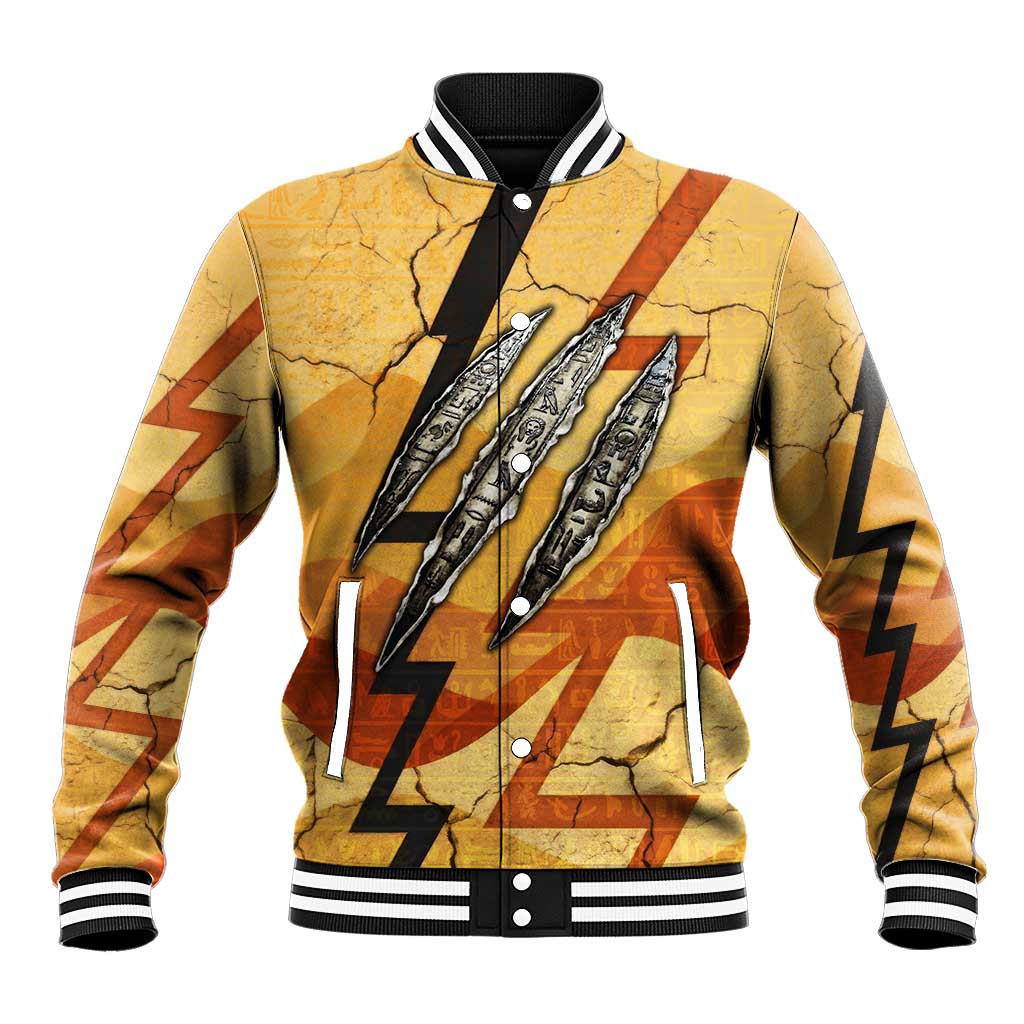 Pakhet Lion Head Baseball Jacket with Claw Marks in Fiery Ancient Egyptian Motif