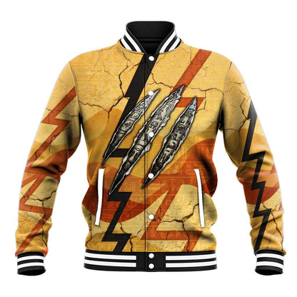 Pakhet Lion Head Baseball Jacket with Claw Marks in Fiery Ancient Egyptian Motif