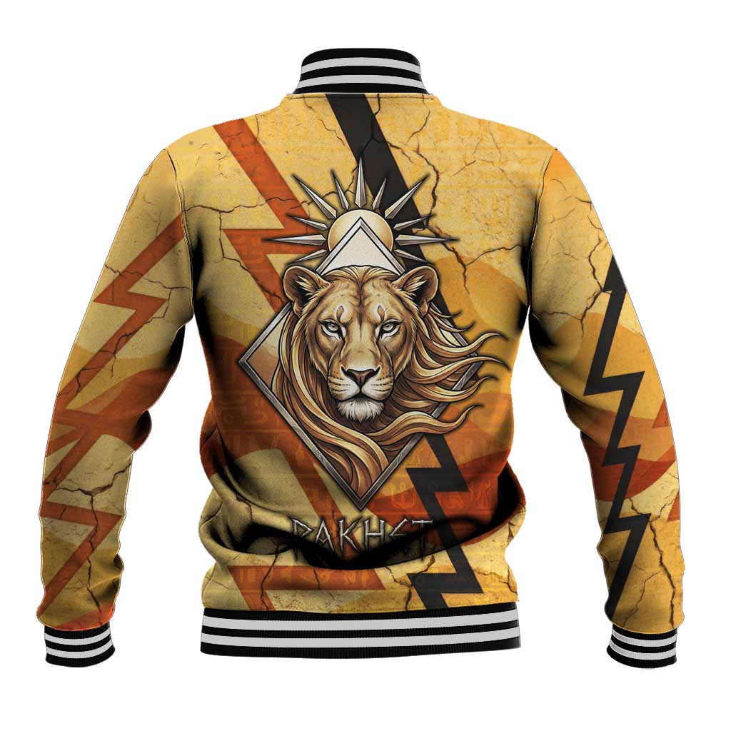 Pakhet Lion Head Baseball Jacket with Claw Marks in Fiery Ancient Egyptian Motif
