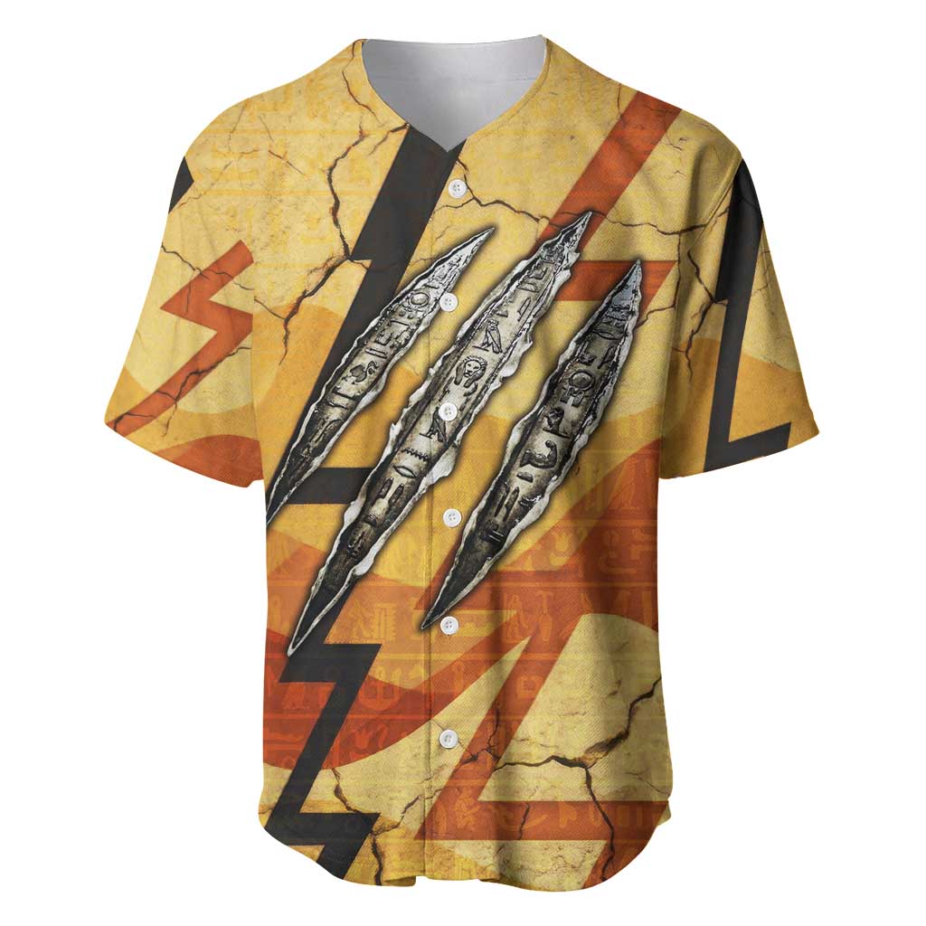 Pakhet Lion Head Baseball Jersey with Claw Marks in Fiery Ancient Egyptian Motif