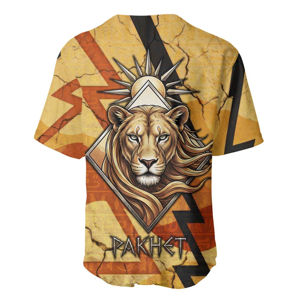 Pakhet Lion Head Baseball Jersey with Claw Marks in Fiery Ancient Egyptian Motif