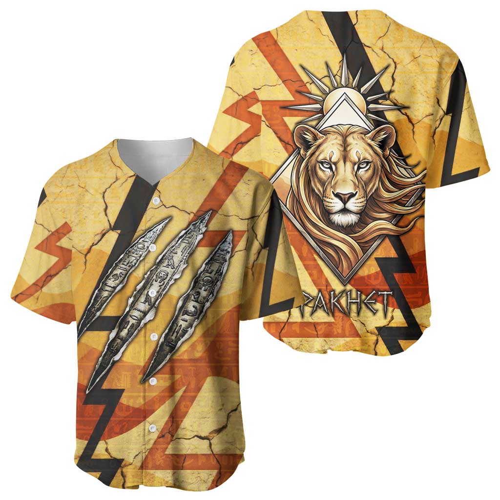 Pakhet Lion Head Baseball Jersey with Claw Marks in Fiery Ancient Egyptian Motif