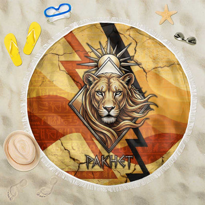 Pakhet Lion Head Beach Blanket with Claw Marks in Fiery Ancient Egyptian Motif