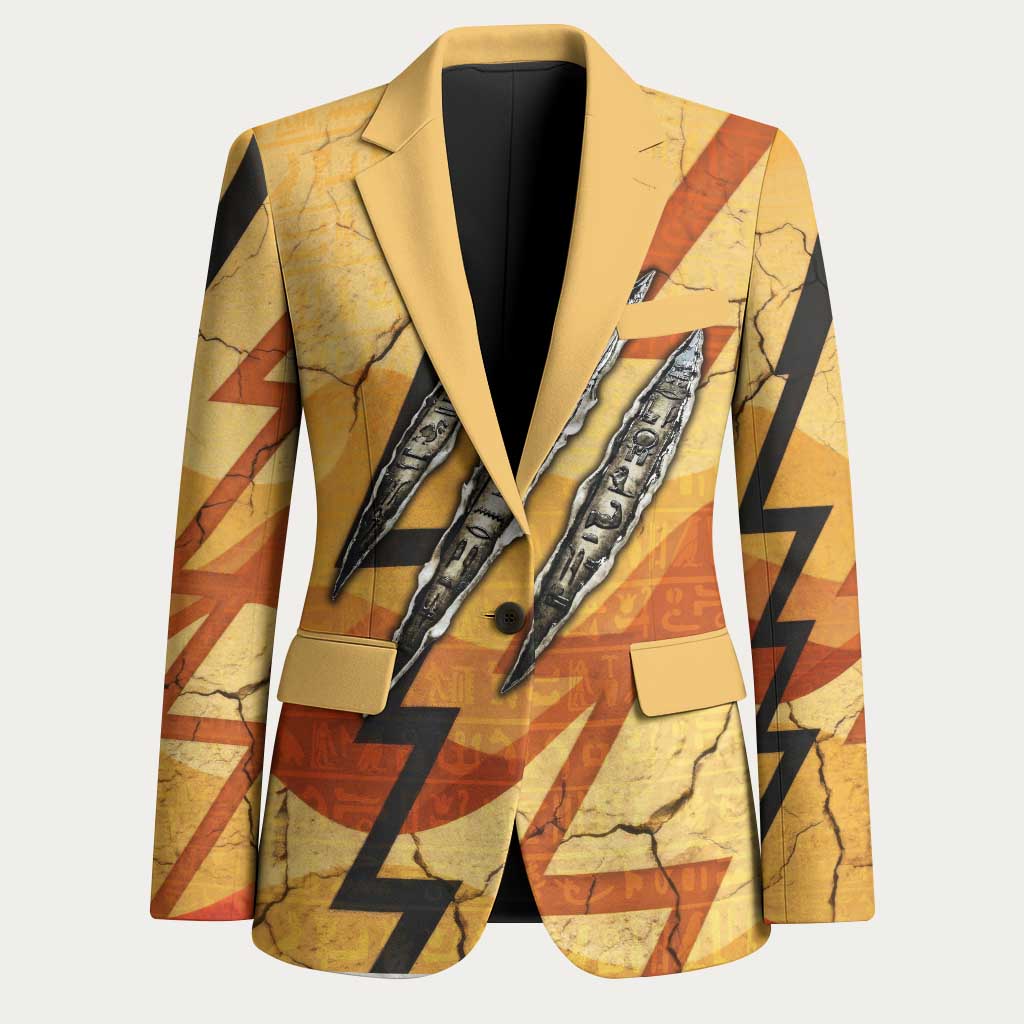 Pakhet Lion Head Blazer with Claw Marks in Fiery Ancient Egyptian Motif