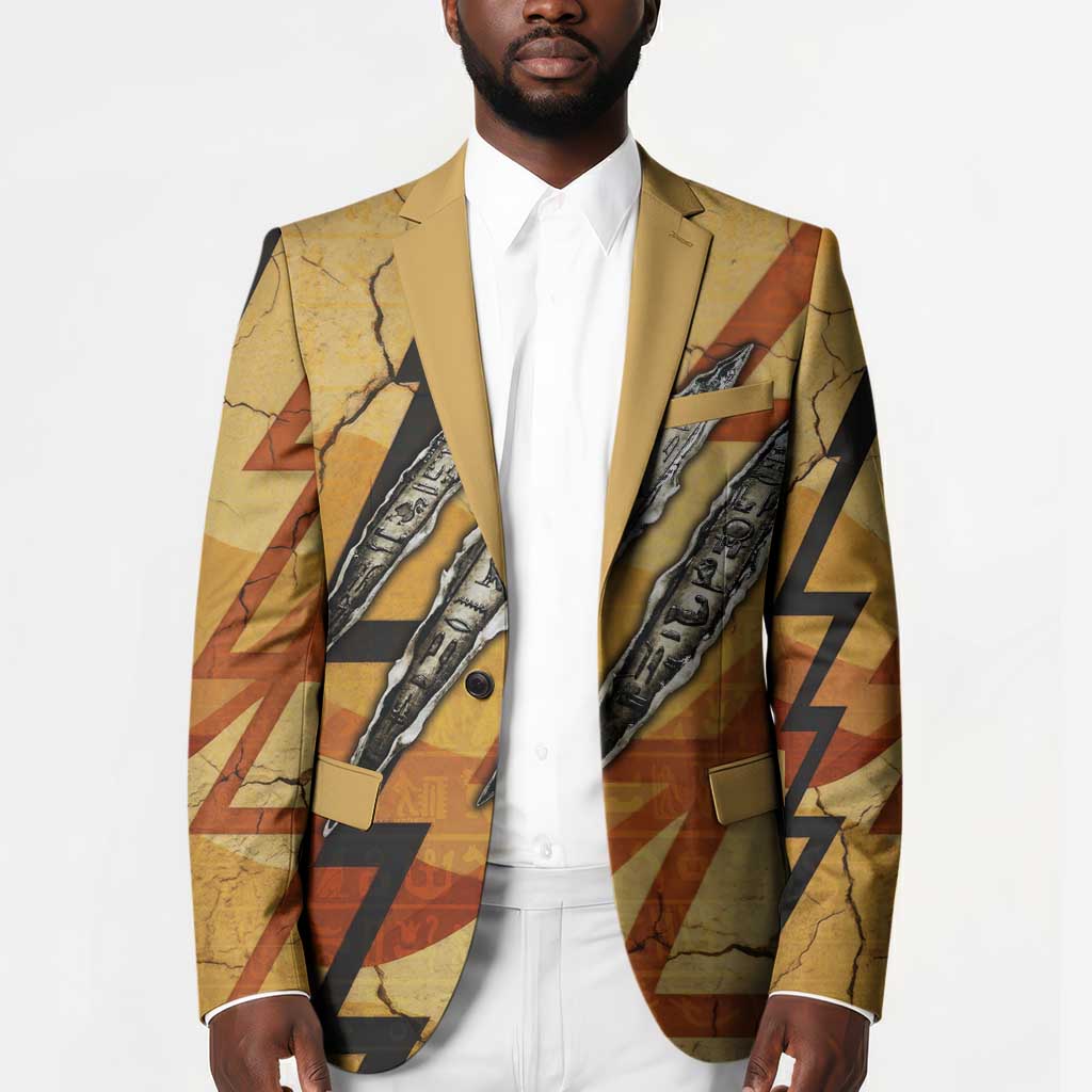 Pakhet Lion Head Blazer with Claw Marks in Fiery Ancient Egyptian Motif