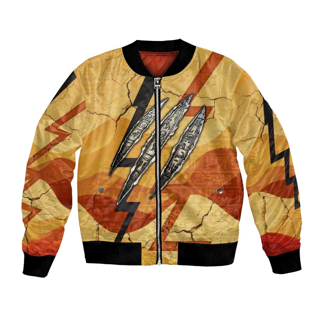 Pakhet Lion Head Bomber Jacket with Claw Marks in Fiery Ancient Egyptian Motif