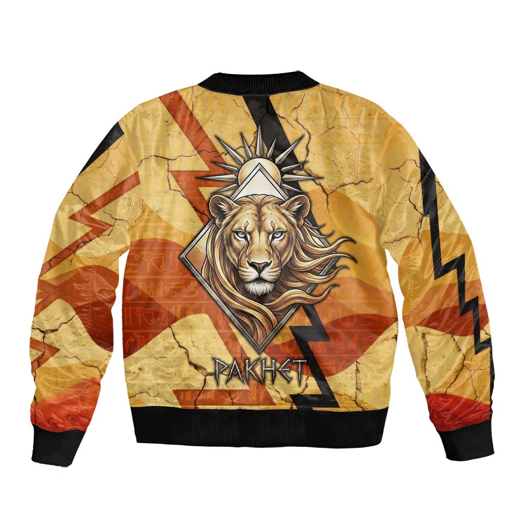 Pakhet Lion Head Bomber Jacket with Claw Marks in Fiery Ancient Egyptian Motif