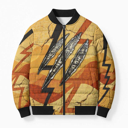 Pakhet Lion Head Bomber Puffer Jacket with Claw Marks in Fiery Ancient Egyptian Motif