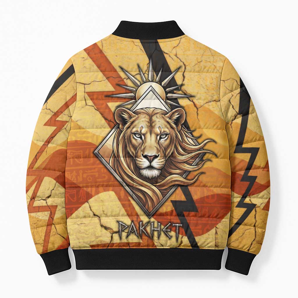 Pakhet Lion Head Bomber Puffer Jacket with Claw Marks in Fiery Ancient Egyptian Motif