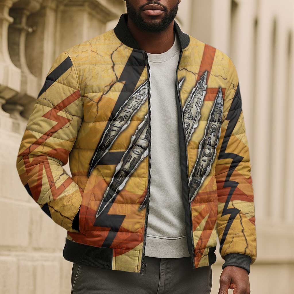 Pakhet Lion Head Bomber Puffer Jacket with Claw Marks in Fiery Ancient Egyptian Motif