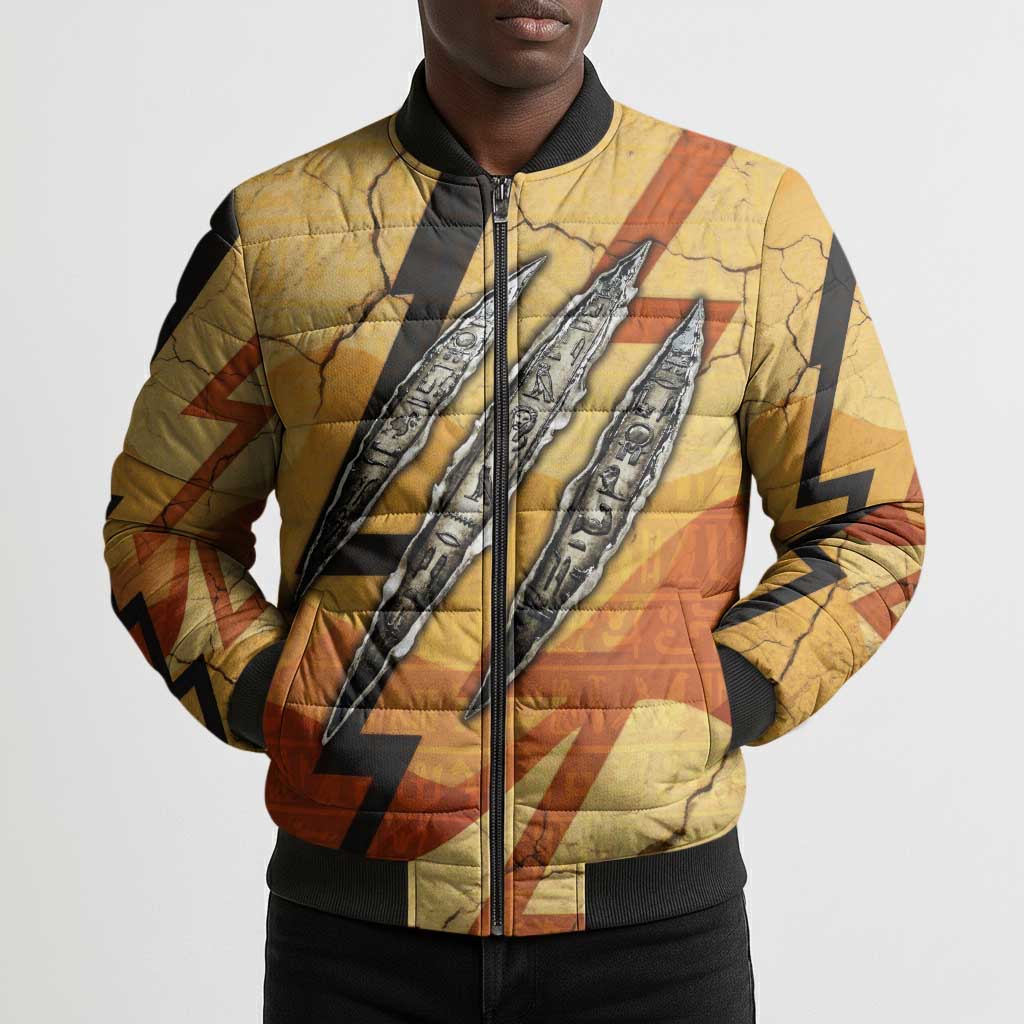 Pakhet Lion Head Bomber Puffer Jacket with Claw Marks in Fiery Ancient Egyptian Motif