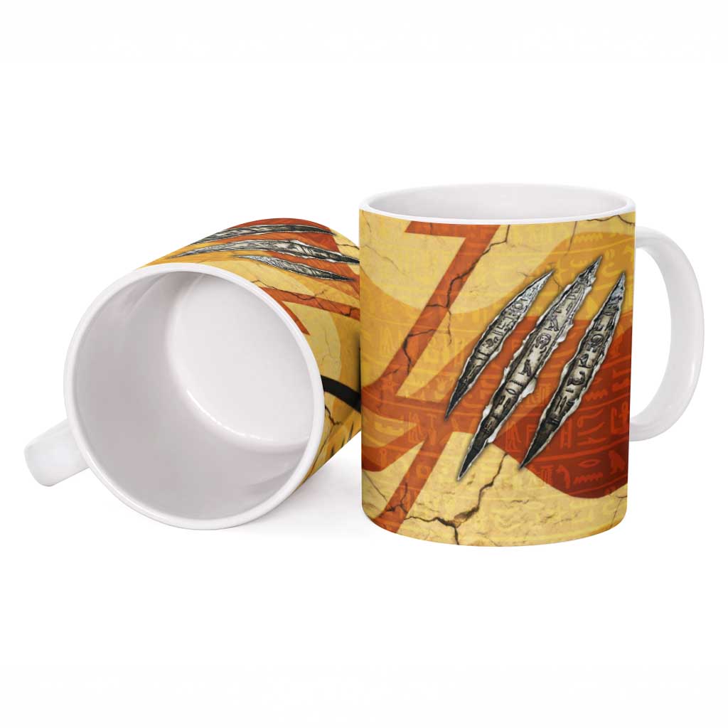 Pakhet Lion Head Ceramic Mug with Claw Marks in Fiery Ancient Egyptian Motif