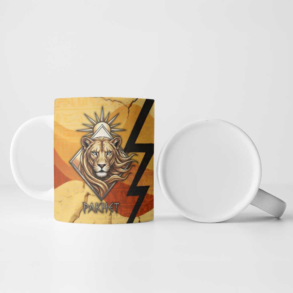 Pakhet Lion Head Ceramic Mug with Claw Marks in Fiery Ancient Egyptian Motif