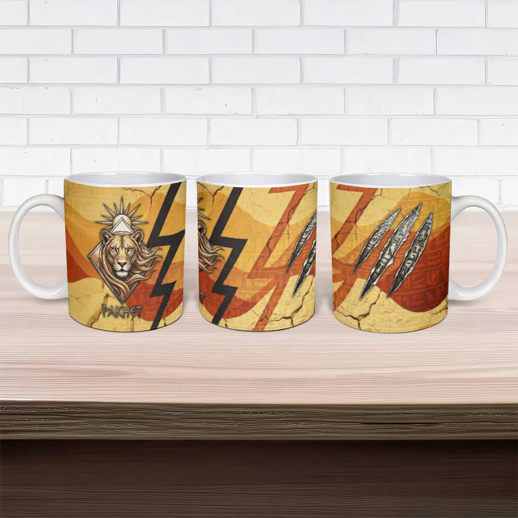 Pakhet Lion Head Ceramic Mug with Claw Marks in Fiery Ancient Egyptian Motif