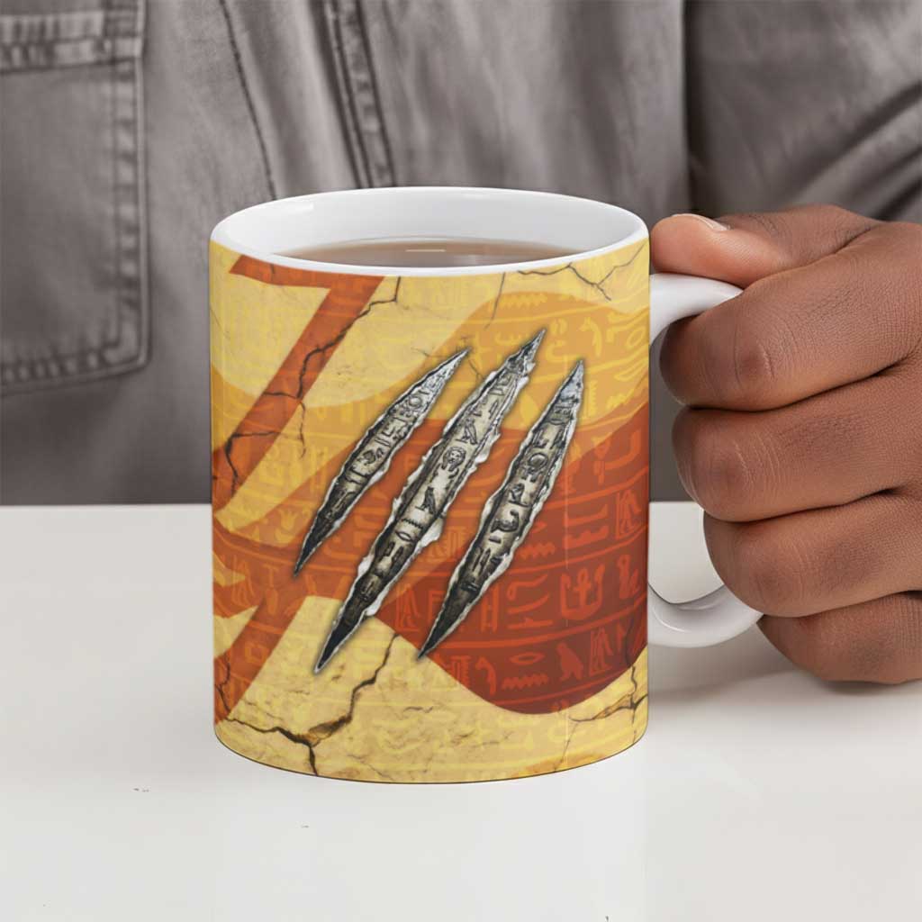 Pakhet Lion Head Ceramic Mug with Claw Marks in Fiery Ancient Egyptian Motif